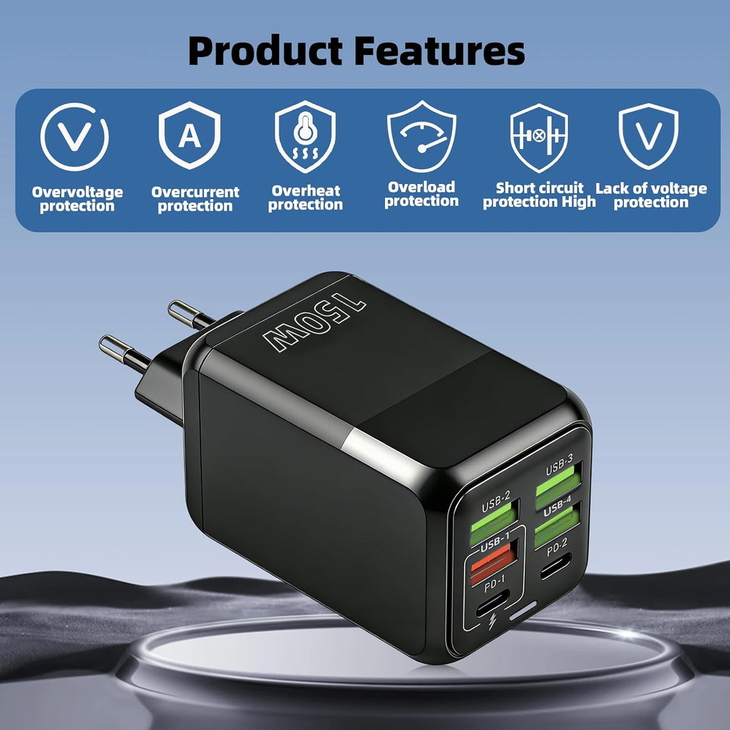150W USB C Ladegerät Mehrfach 6 Port Schnellladegerät 2 USB-C 4 4 USB-A | USB Netzteil Multi Wandladegeräte Stecker Kompatibel Mit Iphone 17 16 Usw Samsung Oneplus Kompaktes Netzteil Reise Büro