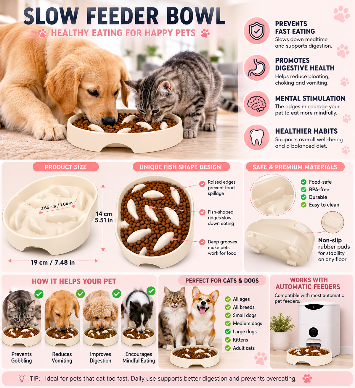 PETTOM Anti-Gulping Slow Feeder Cat Bowl – Oval Melamine Pet Dish with Non-Slip Base, 150ml