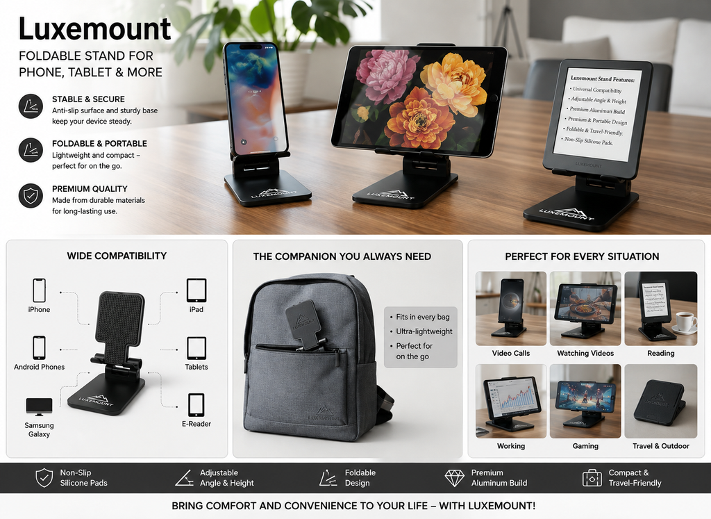 Phone Stand Pro – Foldable Smartphone & Tablet Holder for Desk & Travel | Ultra Stable, Non-Slip & Compatible with iPhone, Samsung & Google