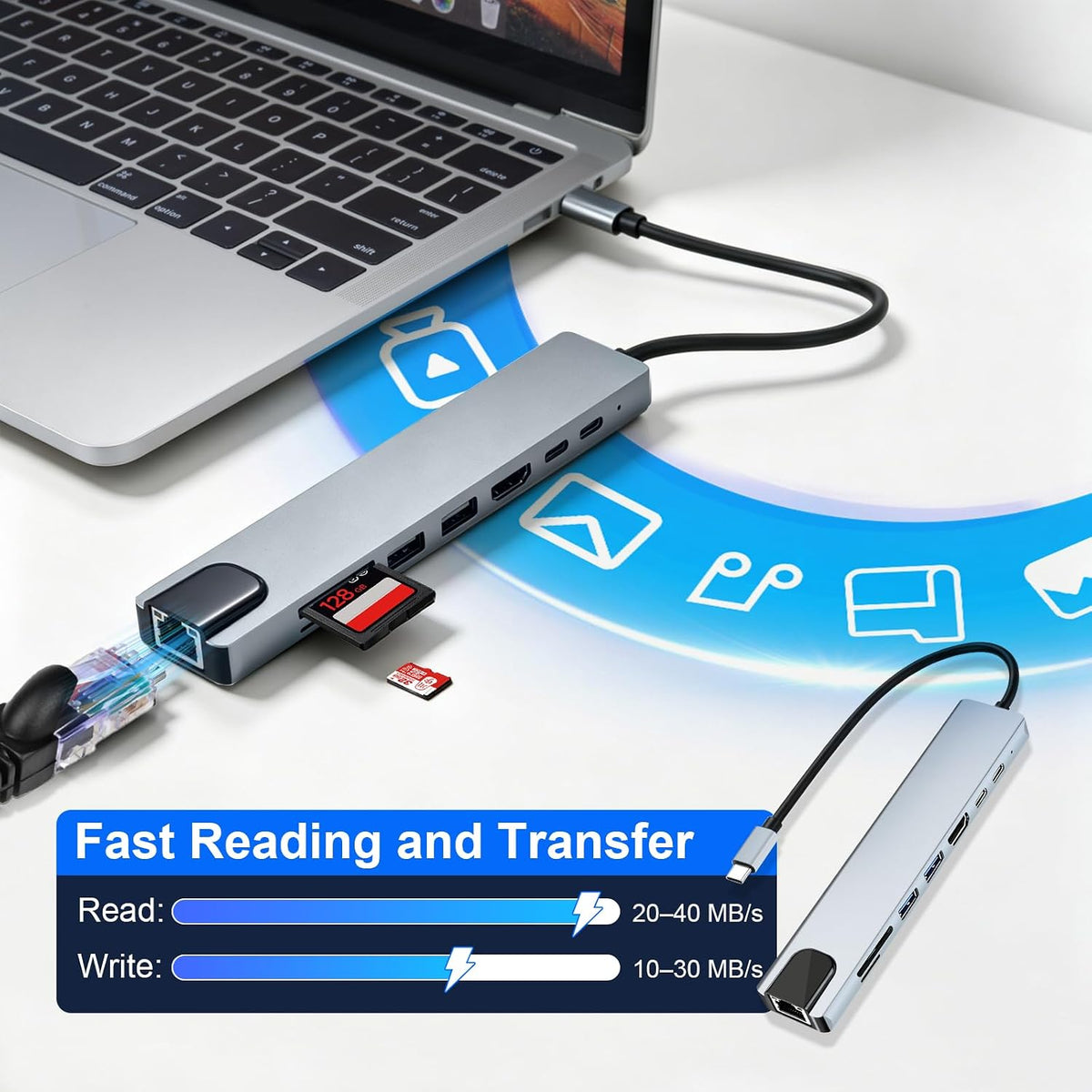 8-In-1 USB C Hub Dockingstation Mit HDMI 4K@30Hz, 100W PD, RJ45 Ethernet, SD/TF Kartenleser, USB 3.0/2.0, USB C Hub HDMI Ethernet, USB C LAN Adapter Für Macbook, Ipad, Laptop