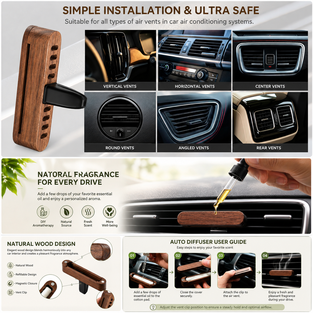 Wooden Car Vent Air Freshener Diffuser 2-Pack – Essential Oil Diffuser with 8 Refill Pads (Oil Not Included)