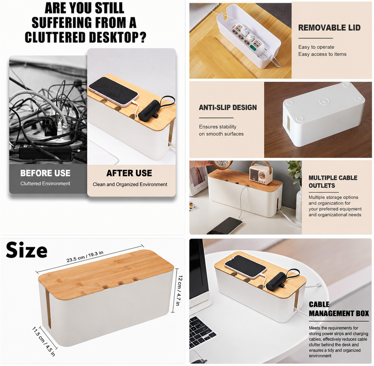 Cable Management Box with Bamboo Lid – Hide & Organise Cables, White (23.5x12x11.5cm)