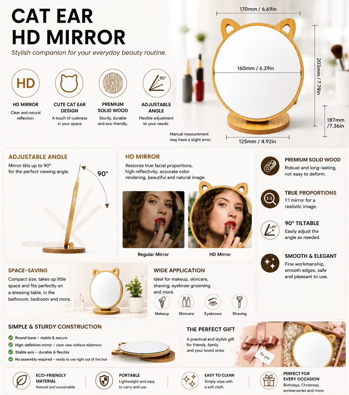 Cat Ear Vanity Mirror – Adjustable Tilt 0–90°, Wooden Base, HD Glass | Kids & Girls Bedroom, Desk & Bathroom
