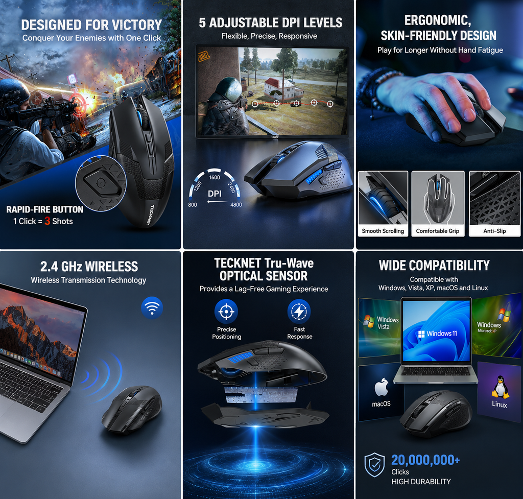 TECKNET Wireless Gaming Mouse 2.4GHz – 4800 DPI, 8 Buttons, Rapid Fire, Ergonomic Optical Mouse for PC/Mac/Laptop