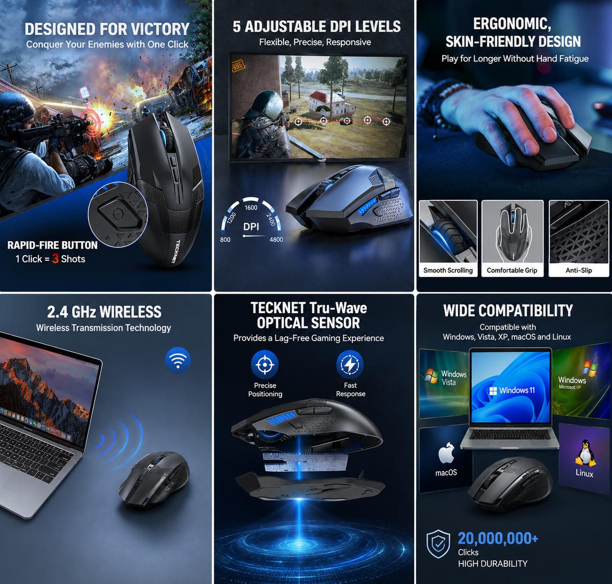 TECKNET Wireless Gaming Mouse 2.4GHz – 4800 DPI, 8 Buttons, Rapid Fire, Ergonomic Optical Mouse for PC/Mac/Laptop