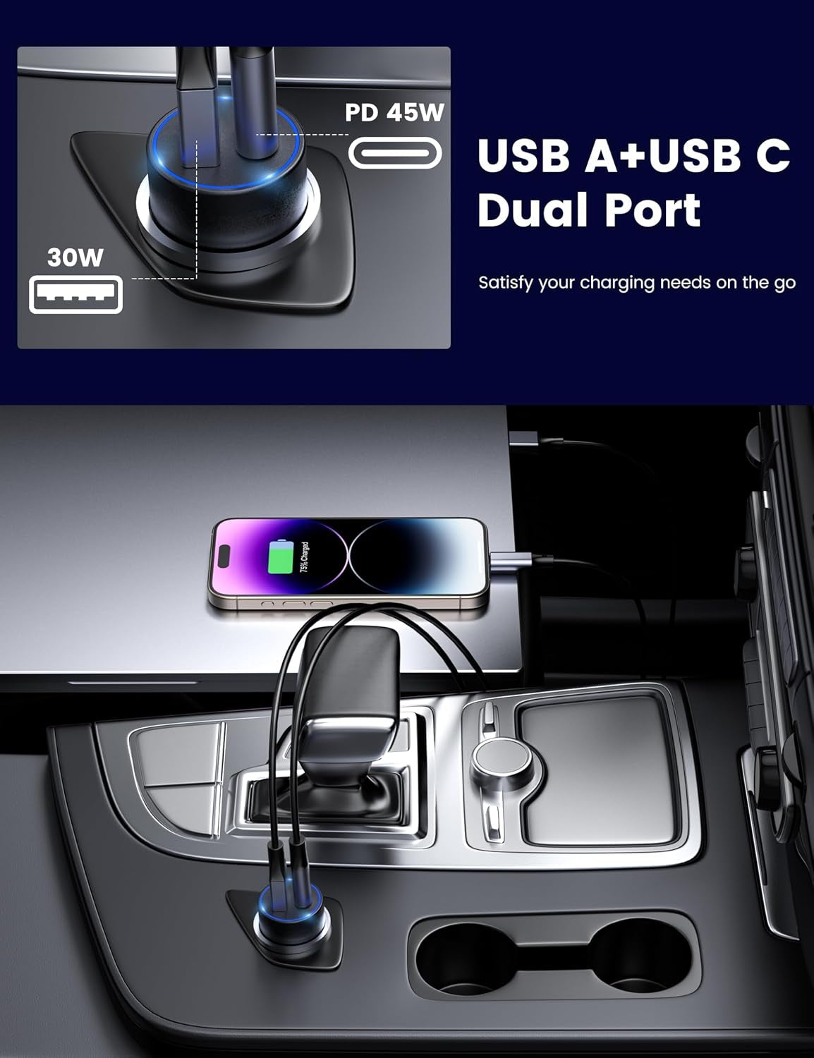 MOSWAG 75W Zigarettenanzünder USB C,PD&QC 12V Auto Schnellladegerät Adapter | 1Er-Pack KFZ Handy Ladegerät,Usb Ladekabel Auf Autoladegerät Stecker Schnellladegerät Für Iphone,Tablet，Smarte Uhren Und Mehr