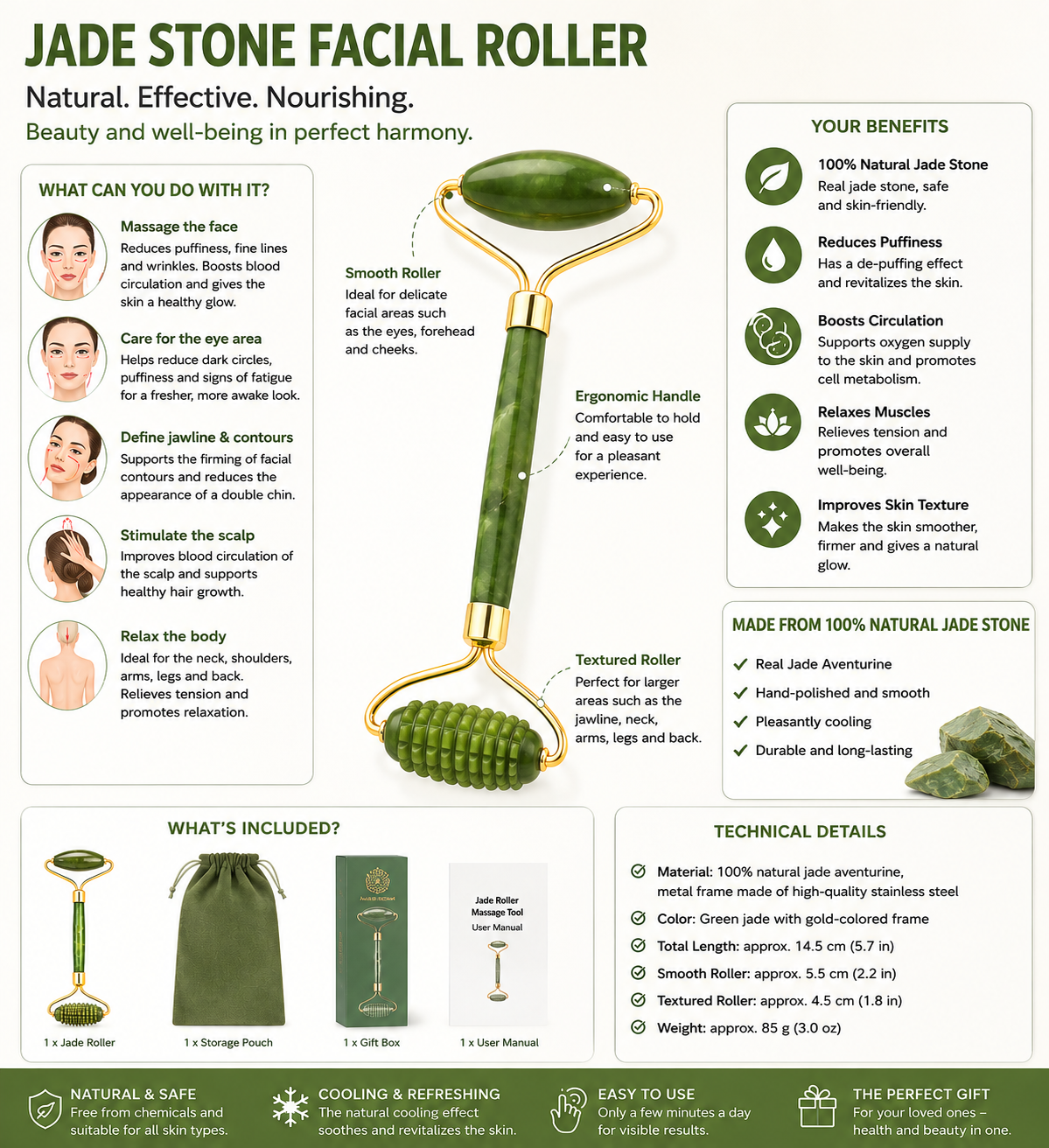 Jade Roller & Gua Sha Massage Set – Natural Green Jade for Anti-Aging, Skin Firming & Face Lifting