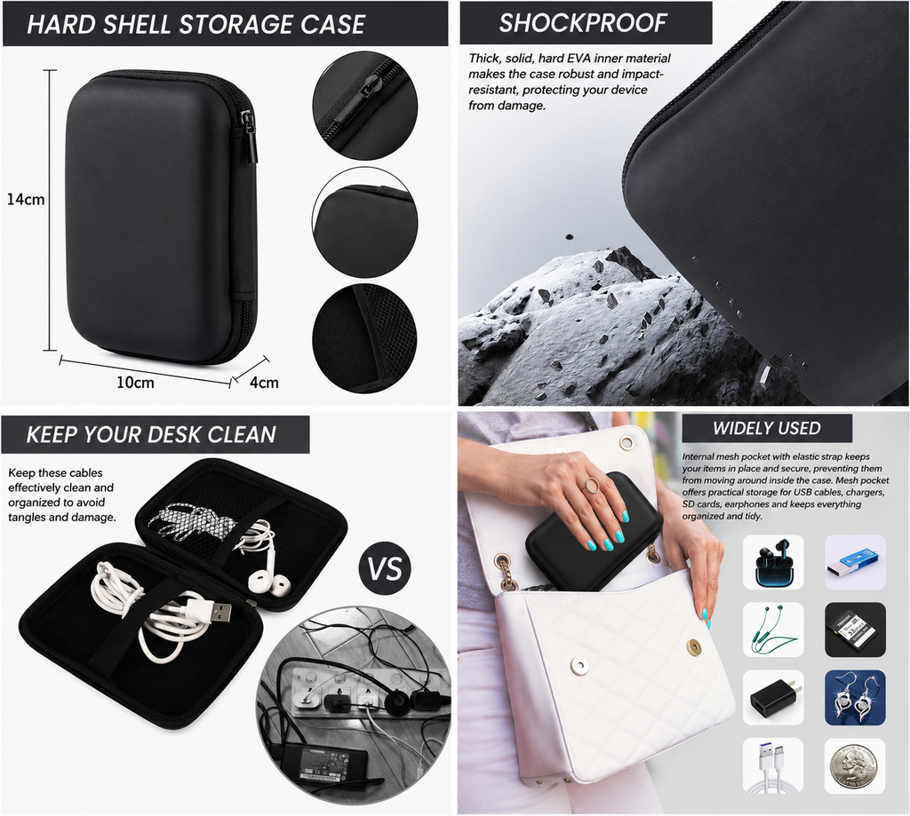 Hard Drive Case – Shockproof EVA Carry Case for 2.5" Portable SSD & HDD (Black)