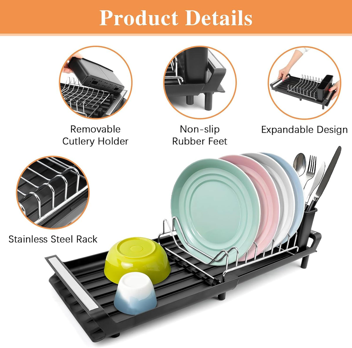 Abtropfgestell Geschirr Abtropfständer Erweiterbar Geschirrabtropfgestell Geschirrtrockner Edelstahl Abtropfgestell Geschirabtropfständer Geschirr Trockengestell Für Spüle Dish Drying Rack Schwarz