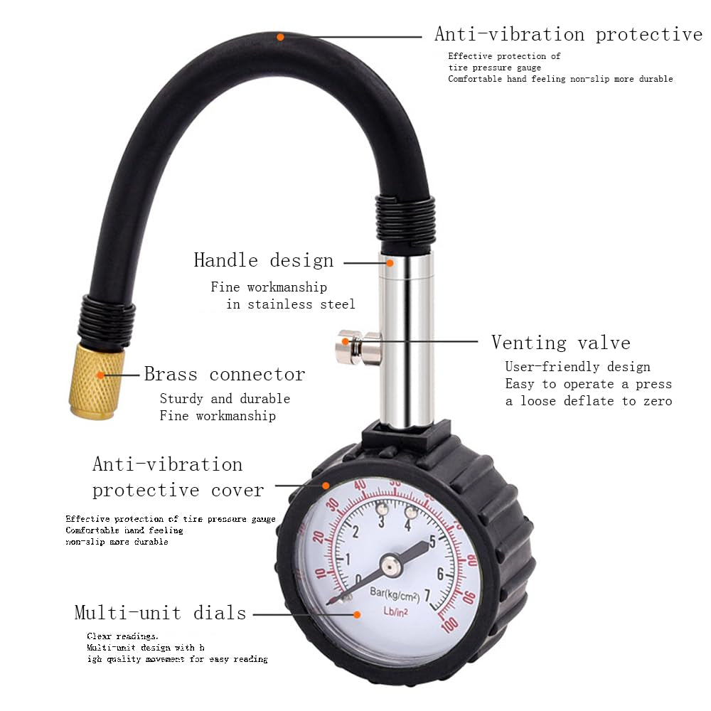 Reifendruckprüfer,Luftdruckprüfer, Genaue Reifendruckprüfer Mit Flexiblem Schlauch, Leuchtzifferblatt, Mechanischer Luftdruckmesser Für Schrader-Ventil Von Fahrrad, Motorrad, Auto, SUV