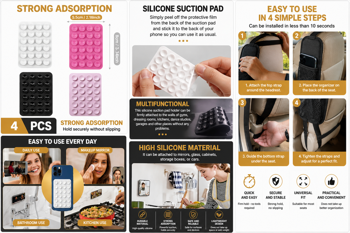 Silicone Suction Cup Phone Holder – 4 Pack, Hands-Free Mount for Car Mirror & Selfie (Black, White, Pink)