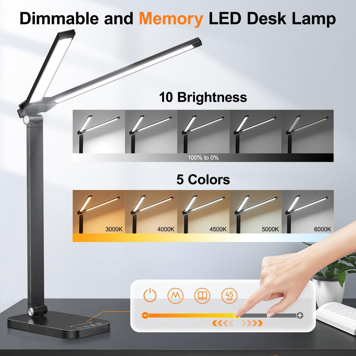 Double Head LED Desk Lamp – 10 Brightness Levels, 5 Colour Temperatures, 45-Min Timer & Foldable Design for Kids & Adults