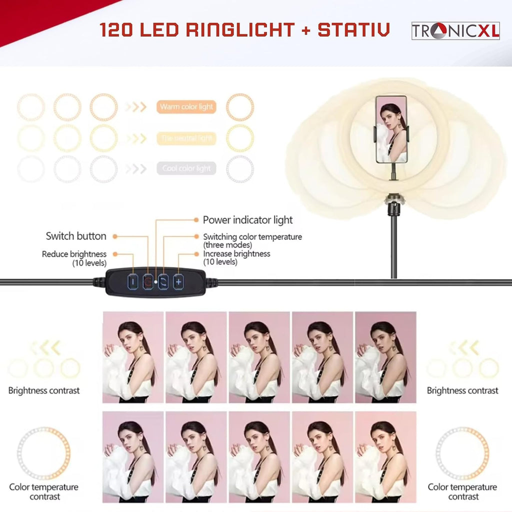TronicXL XXL Ring Light with 210cm Tripod Stand & Smartphone Holder – 10" 20W LED Beauty Light for YouTube, TikTok & Live Streaming