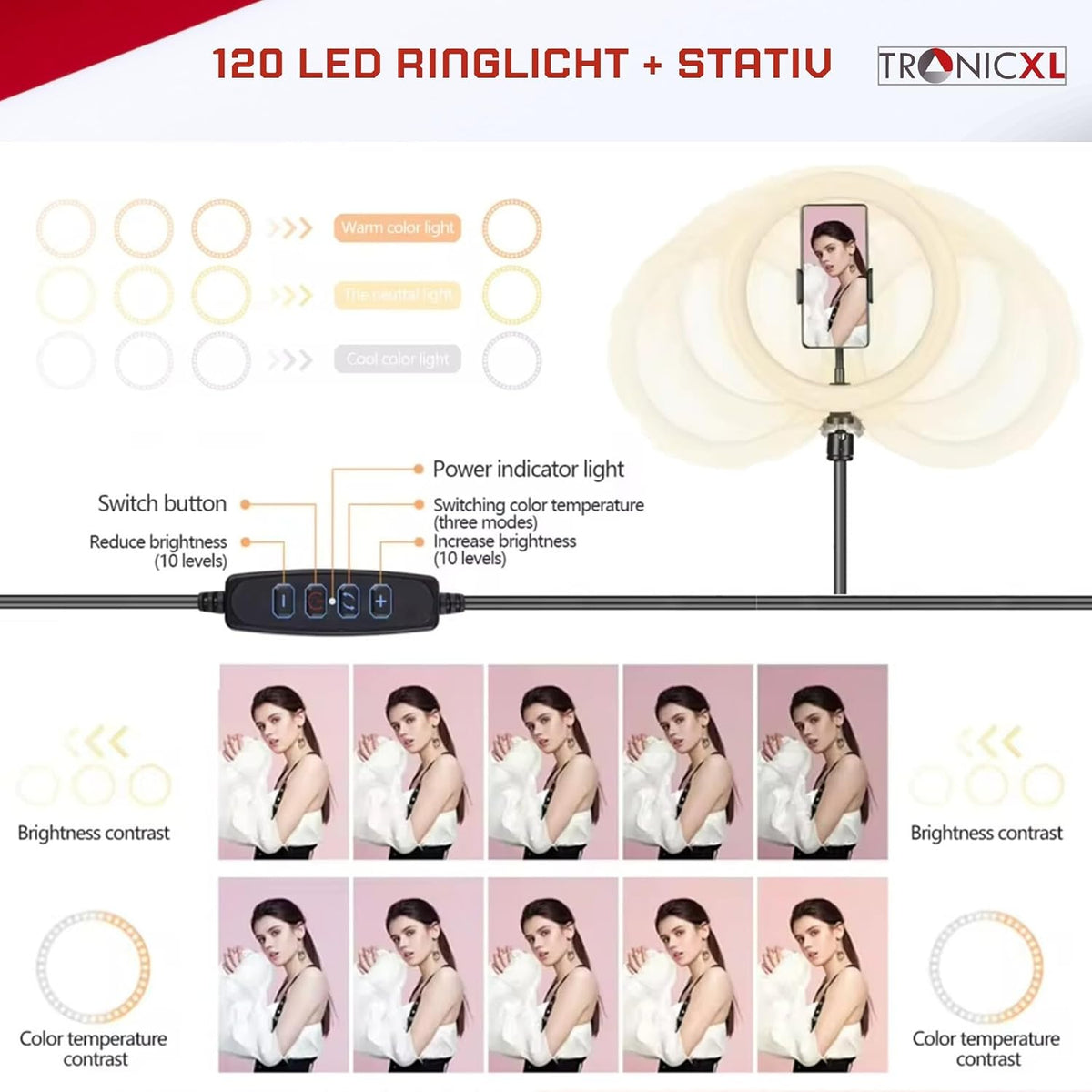TronicXL XXL Ring Light with 210cm Tripod Stand & Smartphone Holder – 10" 20W LED Beauty Light for YouTube, TikTok & Live Streaming