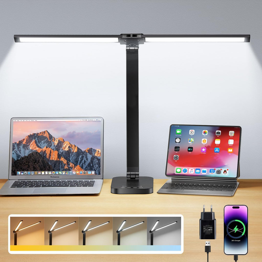 Double Head LED Desk Lamp – 10 Brightness Levels, 5 Colour Temperatures, 45-Min Timer & Foldable Design for Kids & Adults