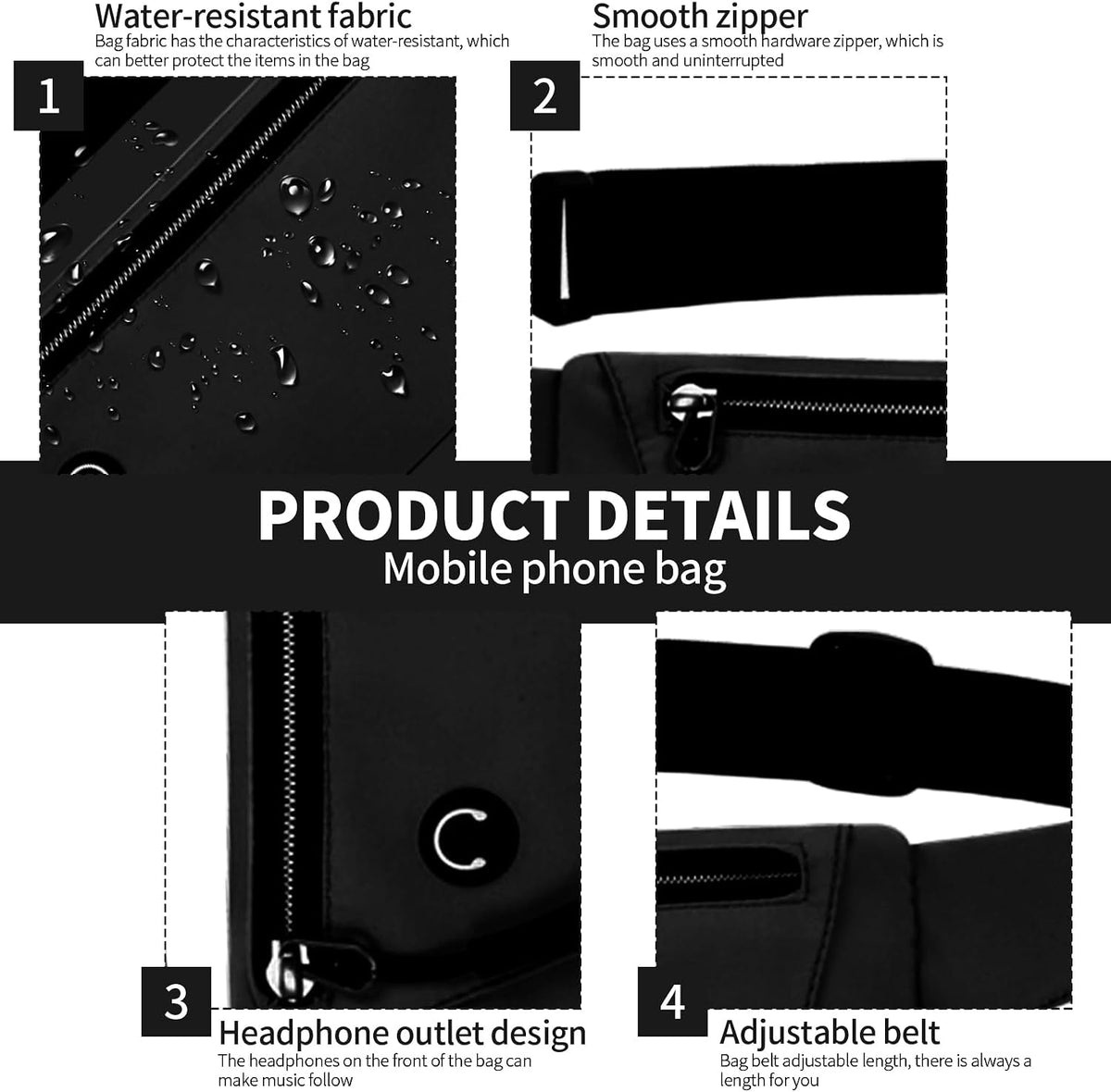 Running Belt – Waterproof Phone Holder Waist Bag with Headphone Port & Adjustable Band (Black)