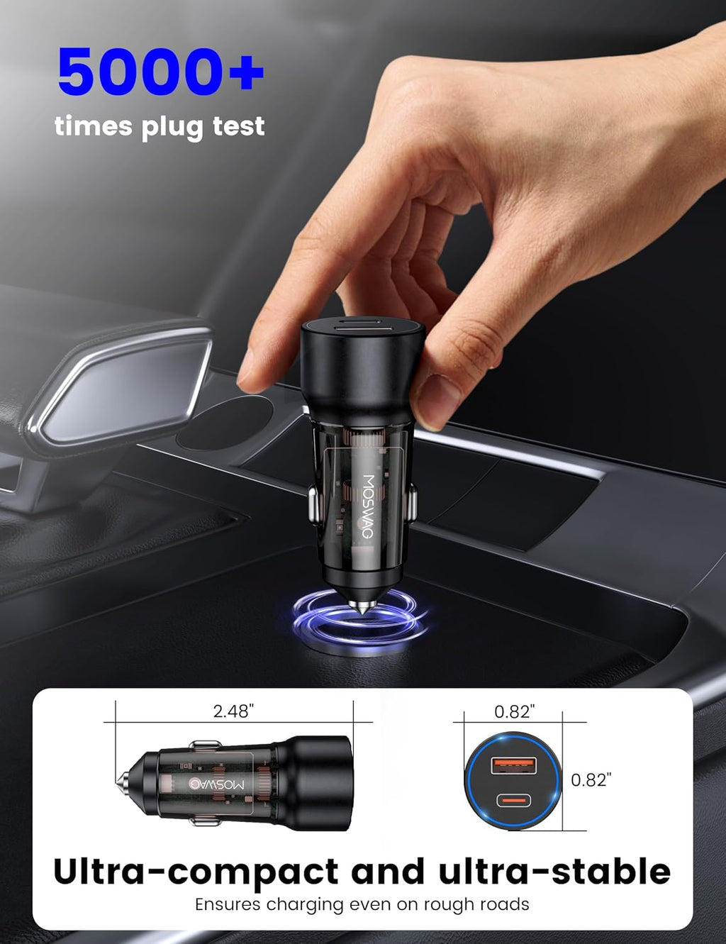 MOSWAG 75W USB-C Car Charger 2-Pack – 45W PD + 30W QC Dual Port Fast Charging Cigarette Lighter Adapter (Black)