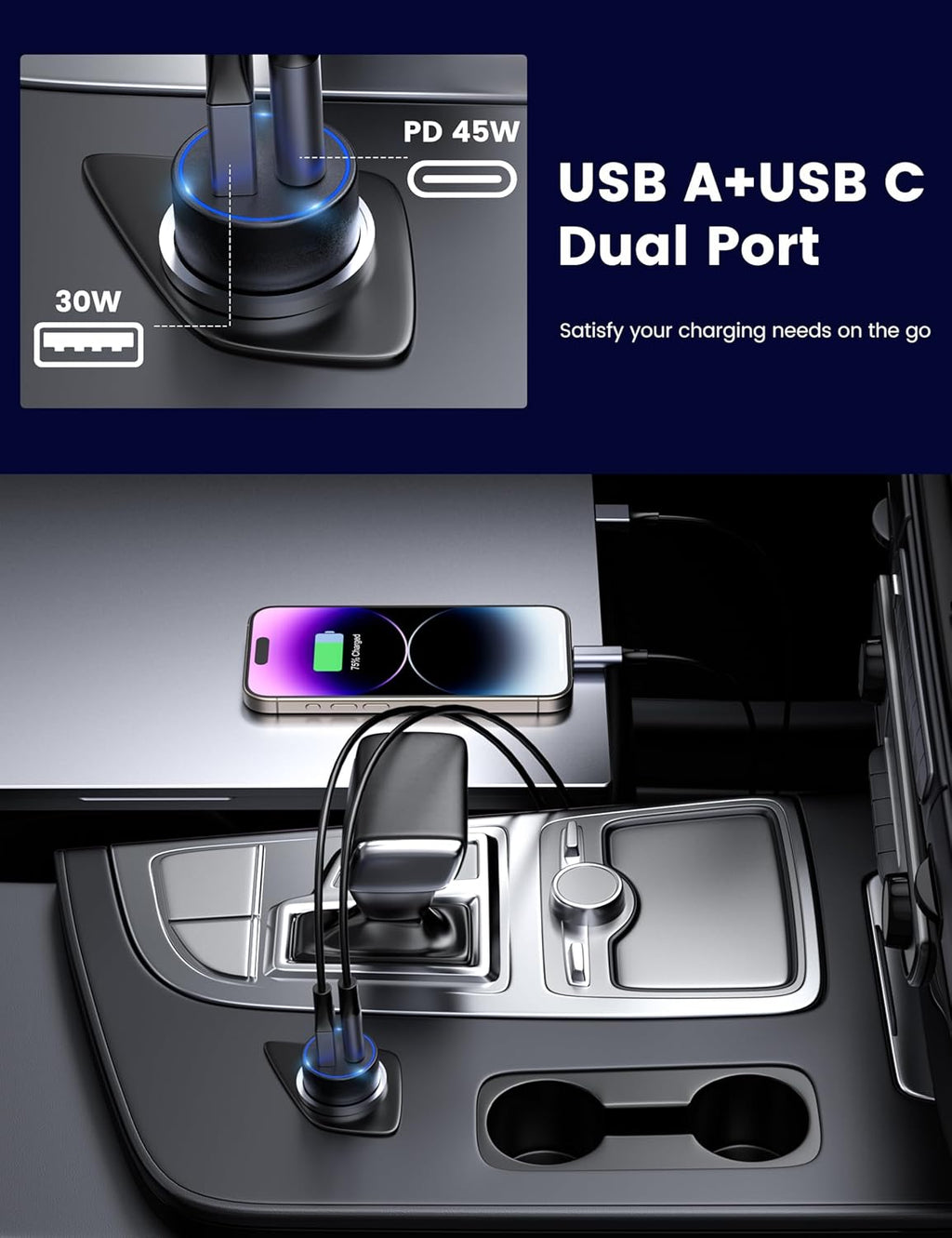 MOSWAG 75W USB-C Car Charger 2-Pack – 45W PD + 30W QC Dual Port Fast Charging Cigarette Lighter Adapter (Black)