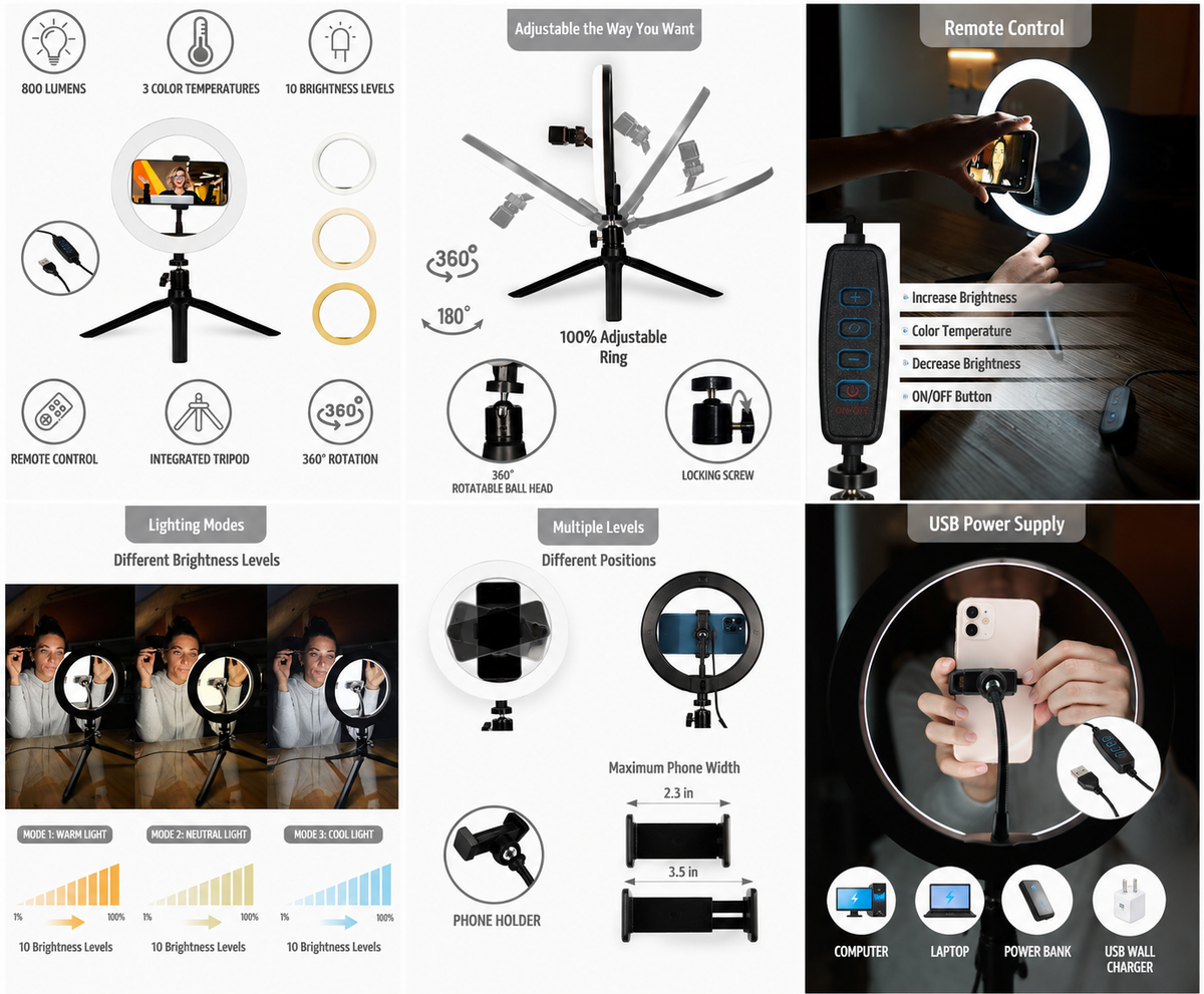 KSIX LED Ring Light with Tripod Stand & Phone Holder – 3 Colour Temps, 10 Brightness Levels