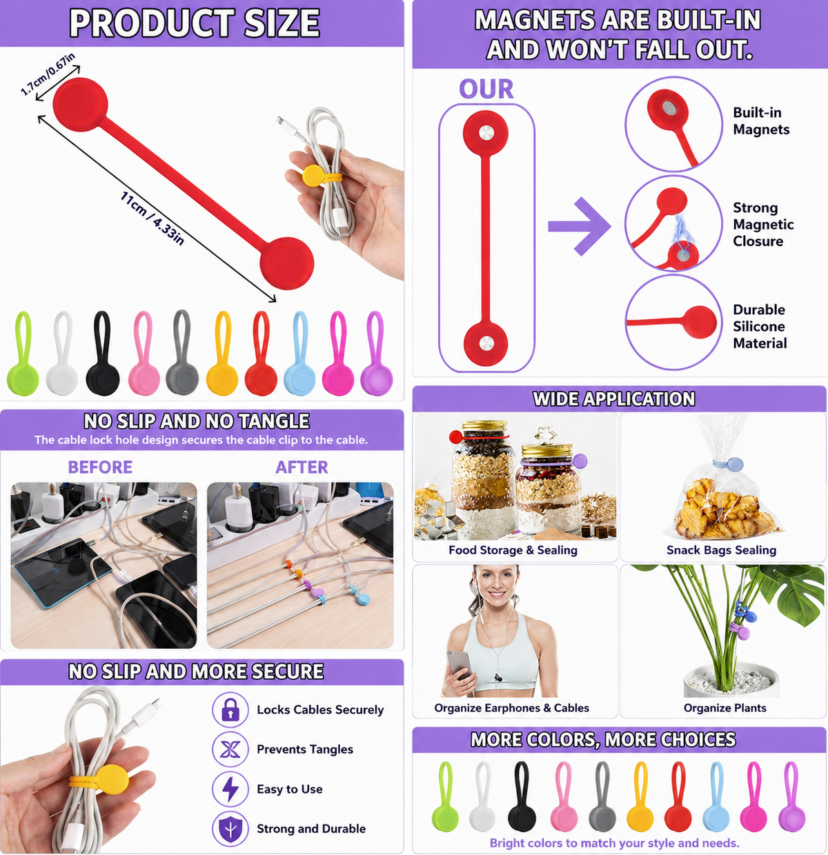 Magnetic Silicone Cable Ties – 10 Pack (10 Colors)