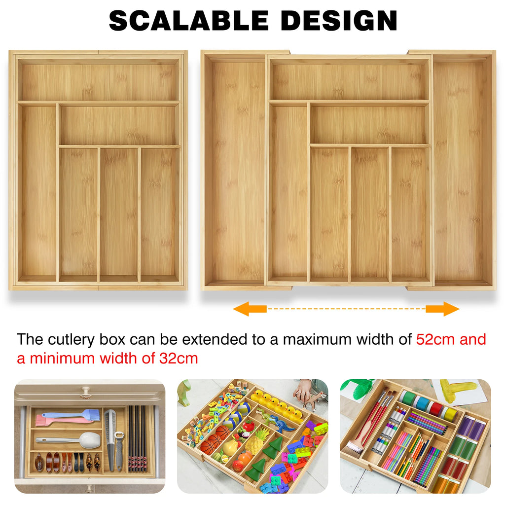BRIEFNESS Expandable Bamboo Drawer Organizer 8-Slot Adjustable, Kitchen Utensil Tray, Knife Fork Divider, Eco Cutlery Storage