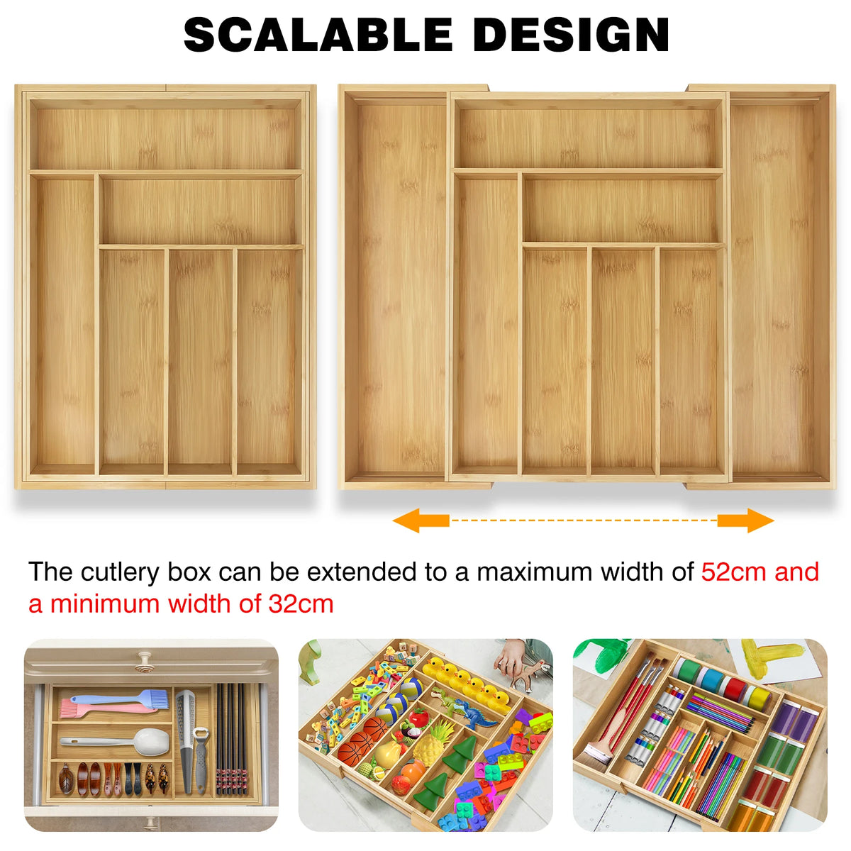 BRIEFNESS Expandable Bamboo Drawer Organizer 8-Slot Adjustable, Kitchen Utensil Tray, Knife Fork Divider, Eco Cutlery Storage