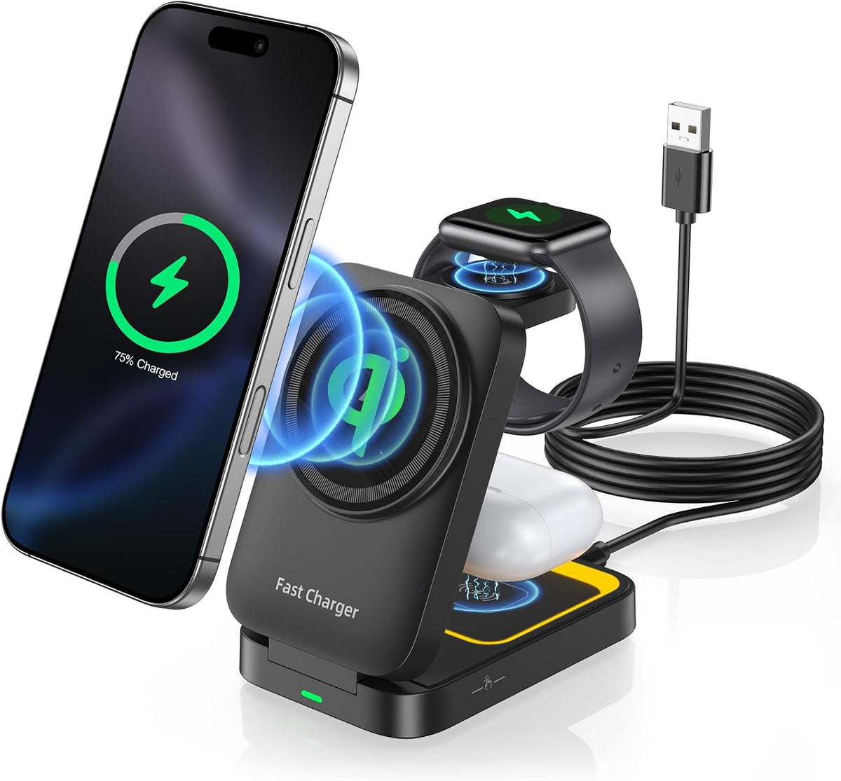 Ladestation Iphone 3 in 1, Ladestation Apple Watch Und Iphone, Induktive Ladegerät Für Iphone17 16 15 14 13 12 11 Pro Max SE X XS XR 8 Serie & Apple Watch & Air Pods Pro Kabelloses Wireless Charger