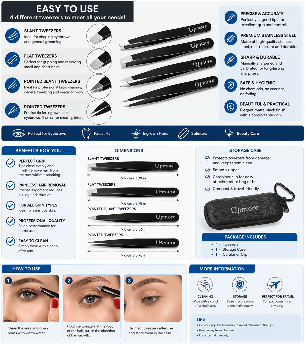 Upmore 4-Piece Stainless Steel Tweezers Set – Eyebrow, Splinter & Precision Tweezers with Leather Case