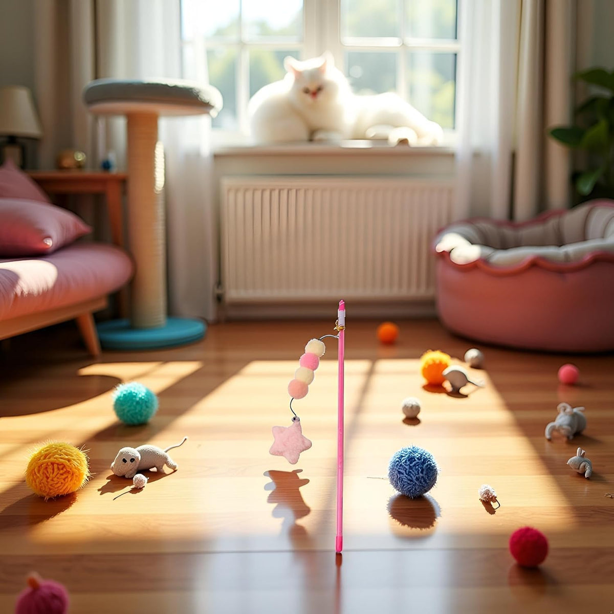 Pink Cat Stick Toy, Cat Teaser Wand Toys, Interactive Cat Toys, Elastic Rope Plush Ball Star Pendant Bite Comfortable Grip, Indoor Cats and Kitten Wand Mäuse Und Tiere