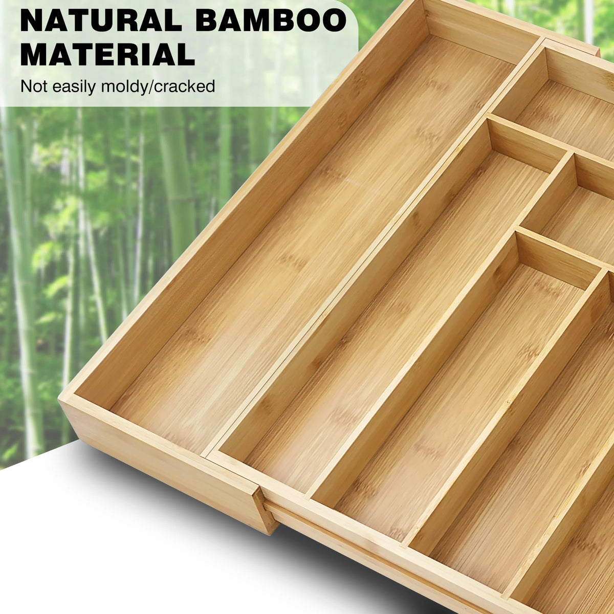 BRIEFNESS Expandable Bamboo Drawer Organizer 8-Slot Adjustable, Kitchen Utensil Tray, Knife Fork Divider, Eco Cutlery Storage