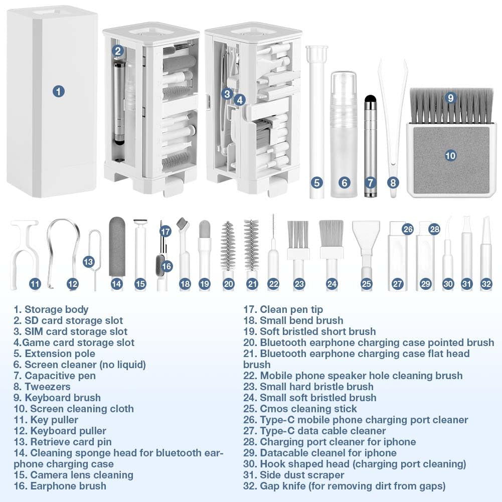 32 in 1 Tastatur Reinigungsset, Kopfhörer Reinigungsset Für Airpods Mit Bürste Und Spray, Keyboard Cleaner Für Laptop, Handys, PC Monitor, Kamera