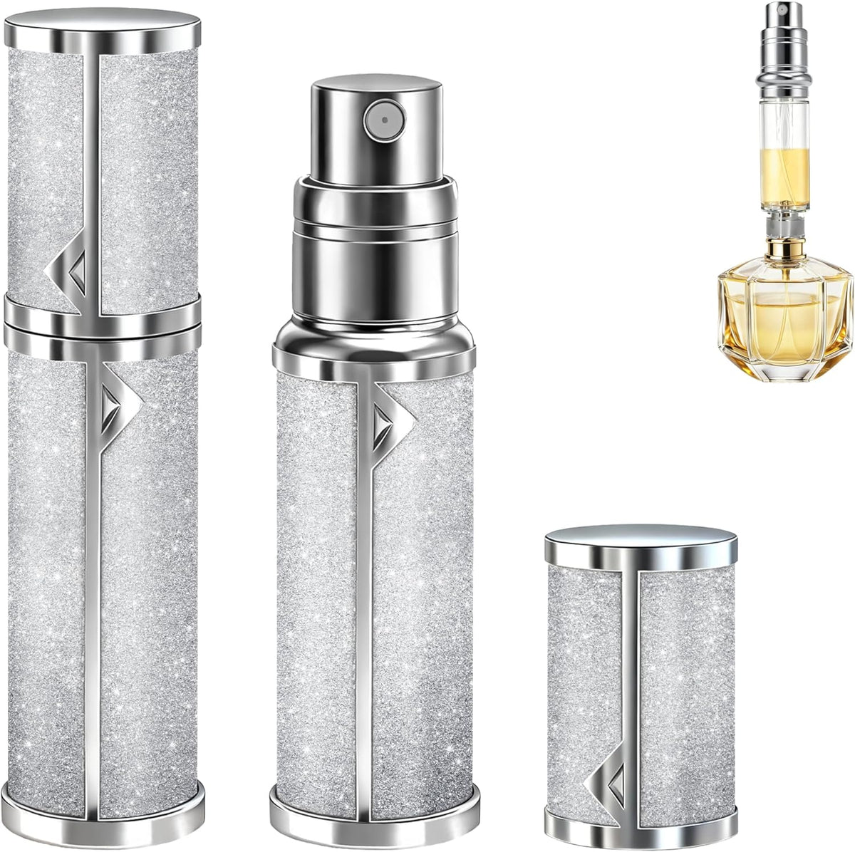 Parfümzerstäuber Für Unterwegs Nachfüllbar, Parfüm Abfüller 5Ml | Vakuum-Dichtung, Sprühflasche, Feiner Nebel, Aluminium, 2 Adapter, Tropfsicher & Praktisch Für Reise&Alltag, Silber