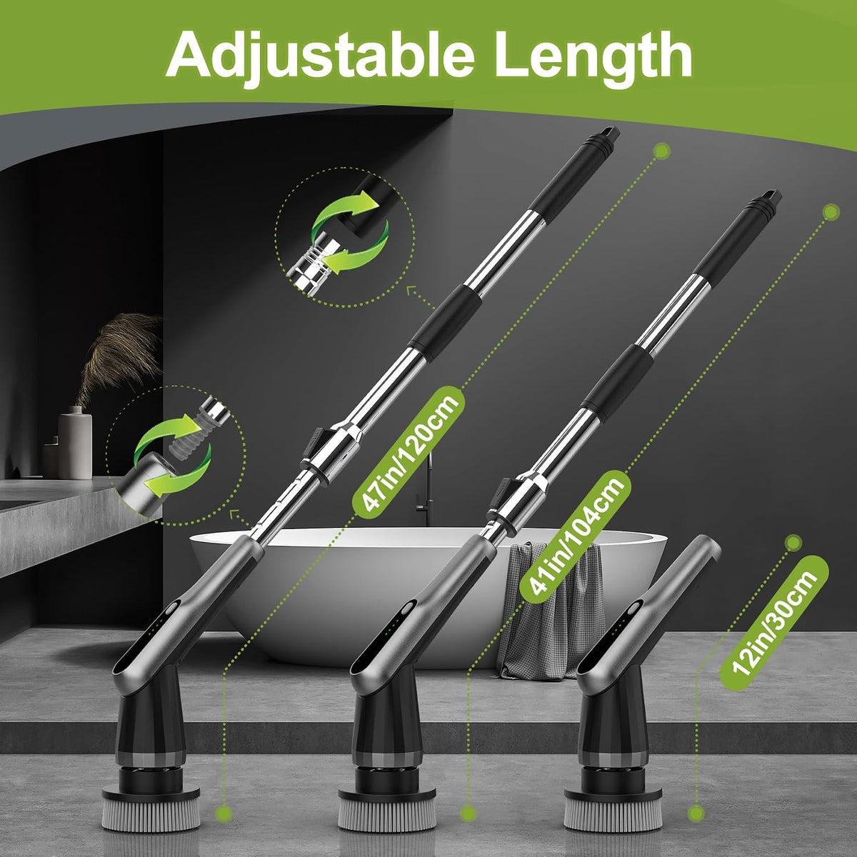 Elektrische Reinigungsbürste, Electric Cleaning Brush Mit 7 Wechselbürsten | IPX7 Wasserdicht, 2 Geschwindigkeitsstufen Und Verstellbarer Griff, Für Badezimmer, Küche (Grau/Schwarz)