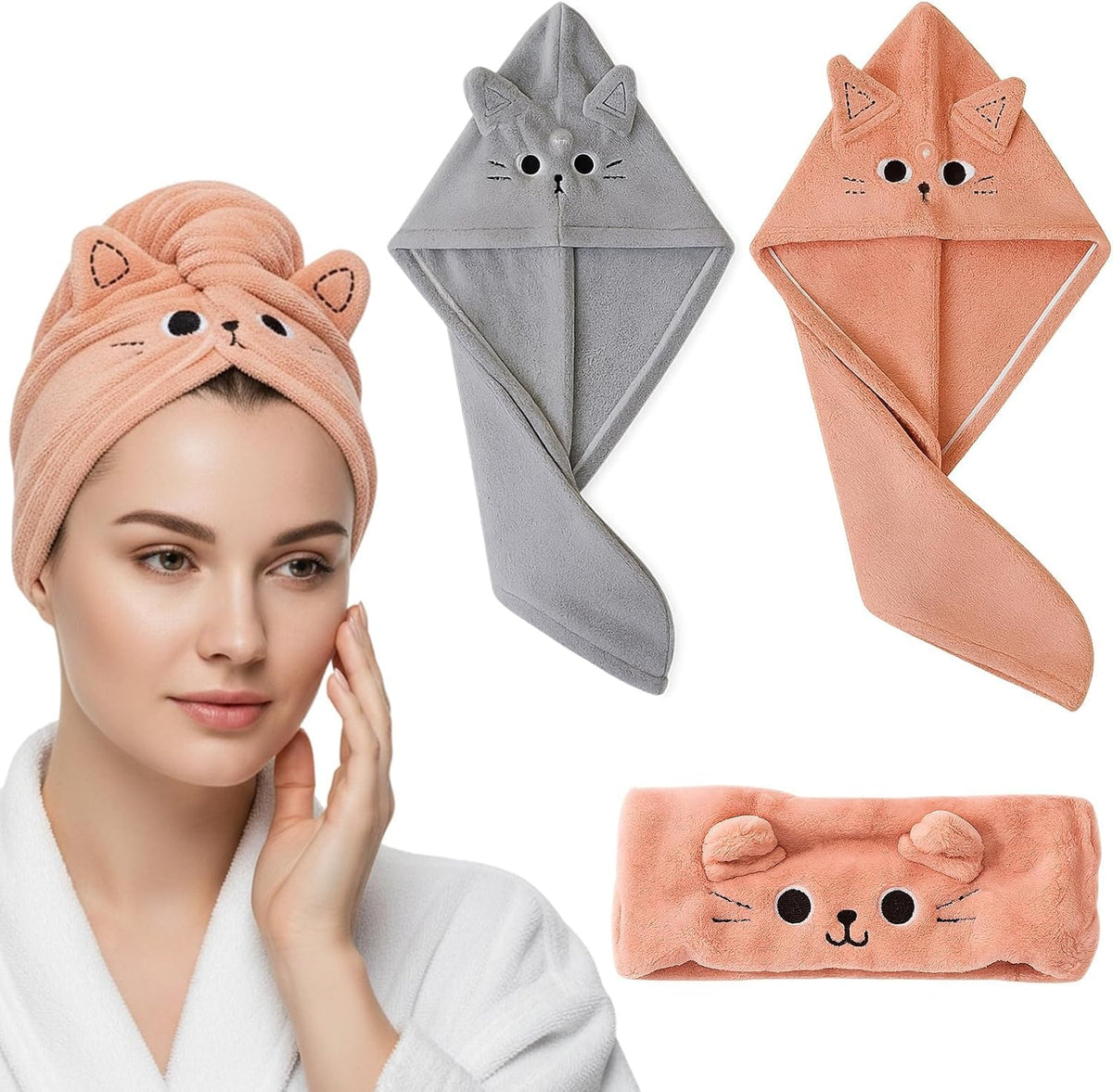 3-Teiliges Set Turban Handtuch Mit Knopf, Haarturban Mikrofaser Haarhandtücher Lange Locken Kopf Handtücher Schnell Saugfähig, Microfiber Towel Hair, Mikrofaser Handtuch Haare, Für Damen - Schnell