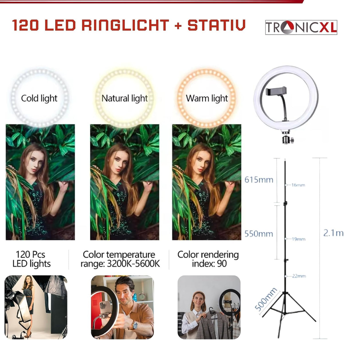 TronicXL XXL Ring Light with 210cm Tripod Stand & Smartphone Holder – 10" 20W LED Beauty Light for YouTube, TikTok & Live Streaming