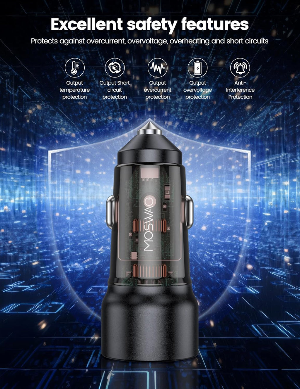 MOSWAG 75W USB-C Car Charger 2-Pack – 45W PD + 30W QC Dual Port Fast Charging Cigarette Lighter Adapter (Black)