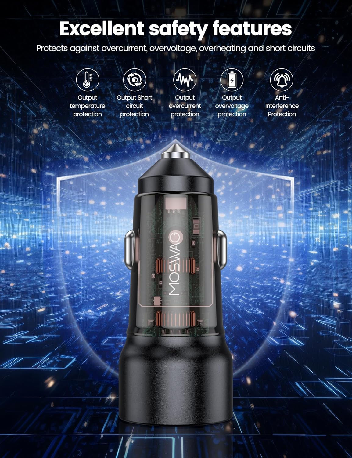 MOSWAG 75W USB-C Car Charger 2-Pack – 45W PD + 30W QC Dual Port Fast Charging Cigarette Lighter Adapter (Black)