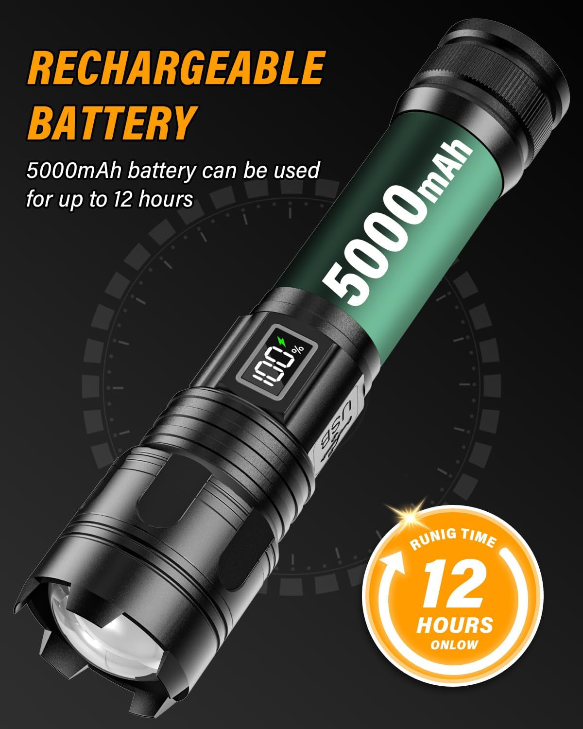 Taschenlampe LED, 500000 Lumen Taschenlampe Batteriebetrieben USB Aufladbar, XHM 70.2 LED Flashlight Extrem Hell, IP67 Wasserdicht 5 Lichtmodi AK-01 Taschenlampen (Schwarz)