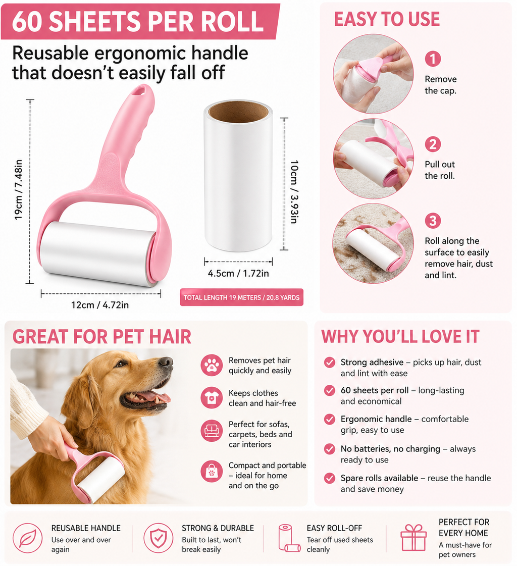 Lint Roller 360 Sheets with 6 Refill Rolls – Extra Sticky, for Clothes, Sofa, Pet Hair & Dust