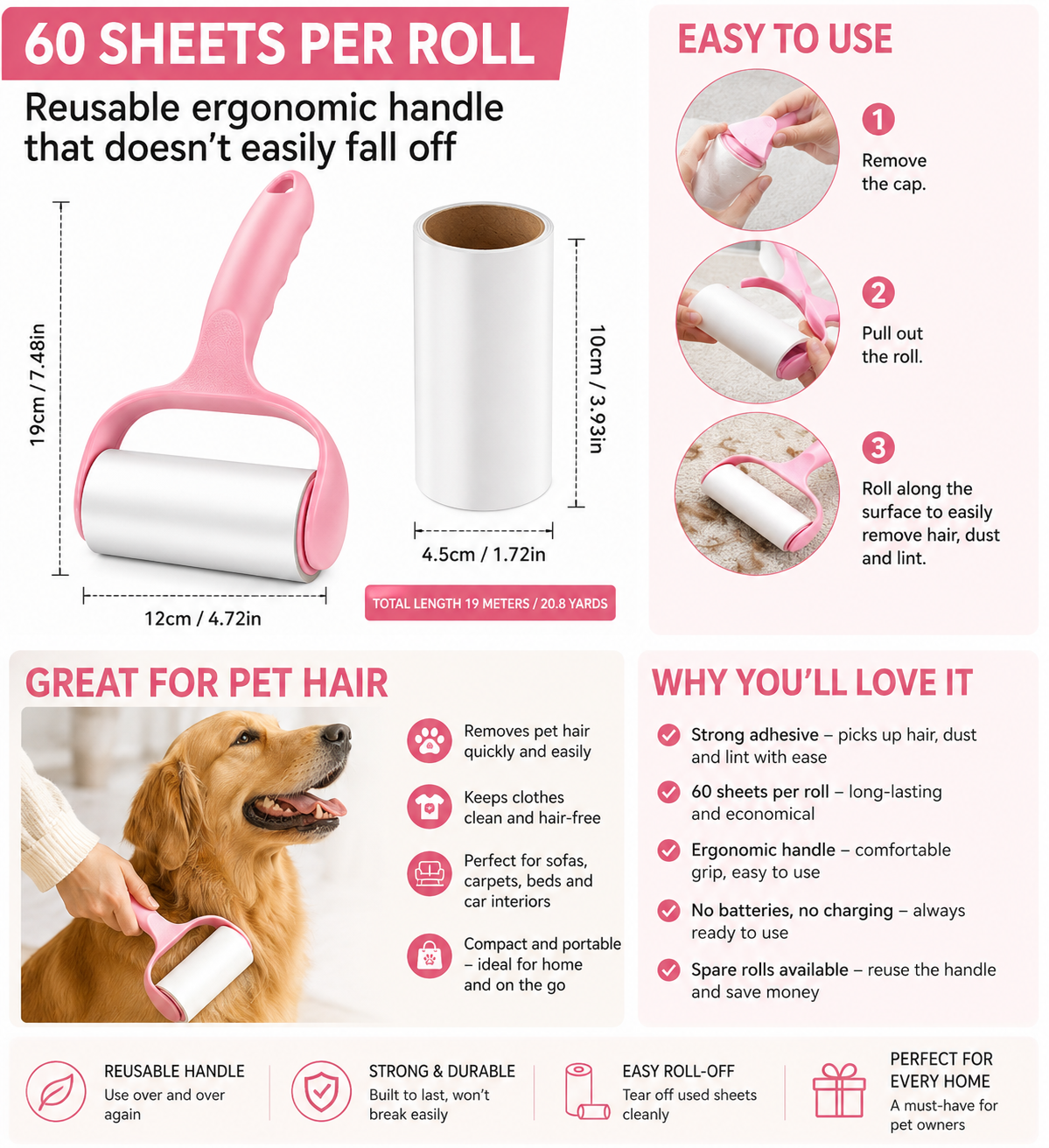 Lint Roller 360 Sheets with 6 Refill Rolls – Extra Sticky, for Clothes, Sofa, Pet Hair & Dust