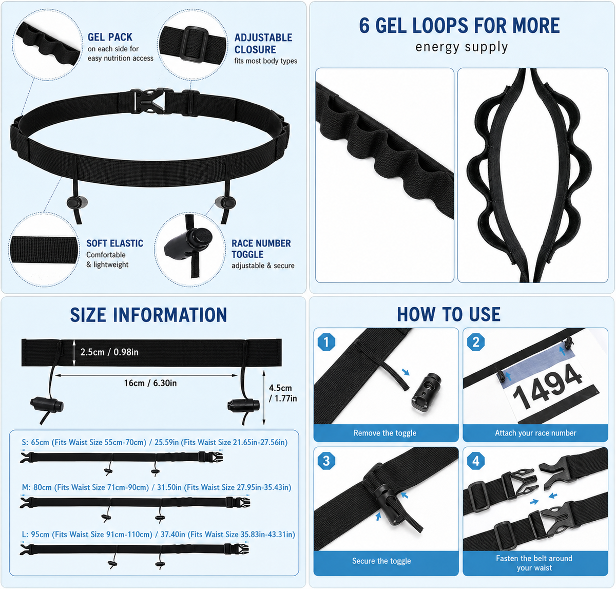 Race Number Belt – Adjustable Running Belt with 6 Gel Holders for Triathlon, Marathon & Cycling