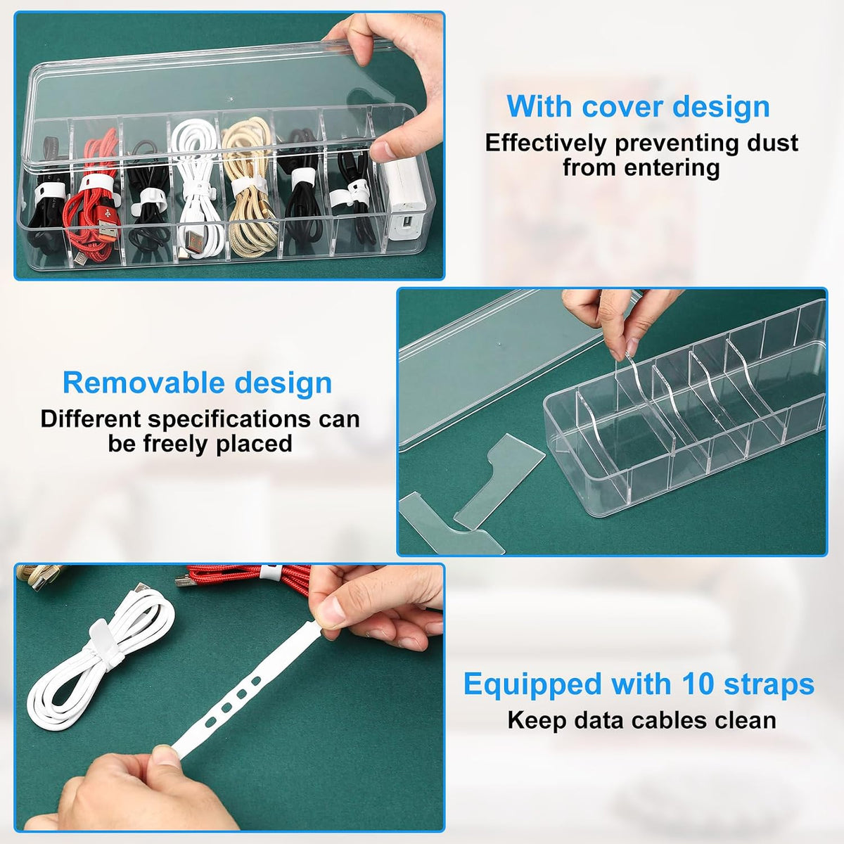 Kabel Aufbewahrungsboxen Organizer, Transparenter Kunststoff Kabel Organizer Box Mit 8 Fächern, Kabelmanagement Box Mit Deckel, Für Schreibtisch Büro Zuhause