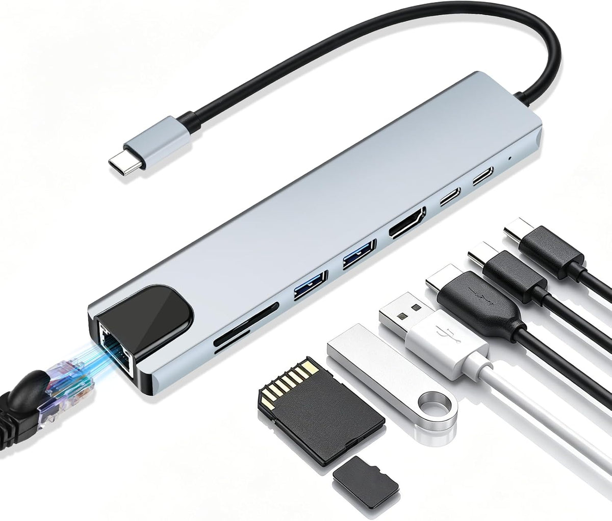 8-In-1 USB C Hub Dockingstation Mit HDMI 4K@30Hz, 100W PD, RJ45 Ethernet, SD/TF Kartenleser, USB 3.0/2.0, USB C Hub HDMI Ethernet, USB C LAN Adapter Für Macbook, Ipad, Laptop