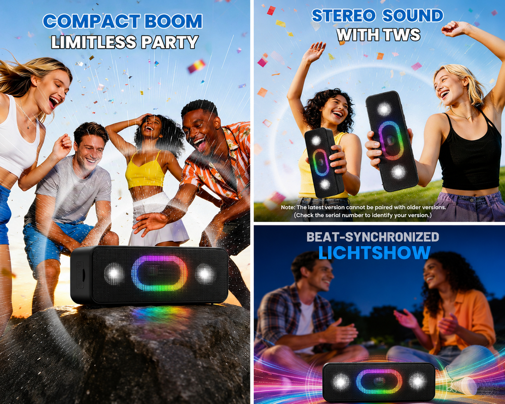 OHAYO Portable Bluetooth Speaker – 24W Stereo, 5 RGB Lights, IPX6, 24H Battery (Multicolour)