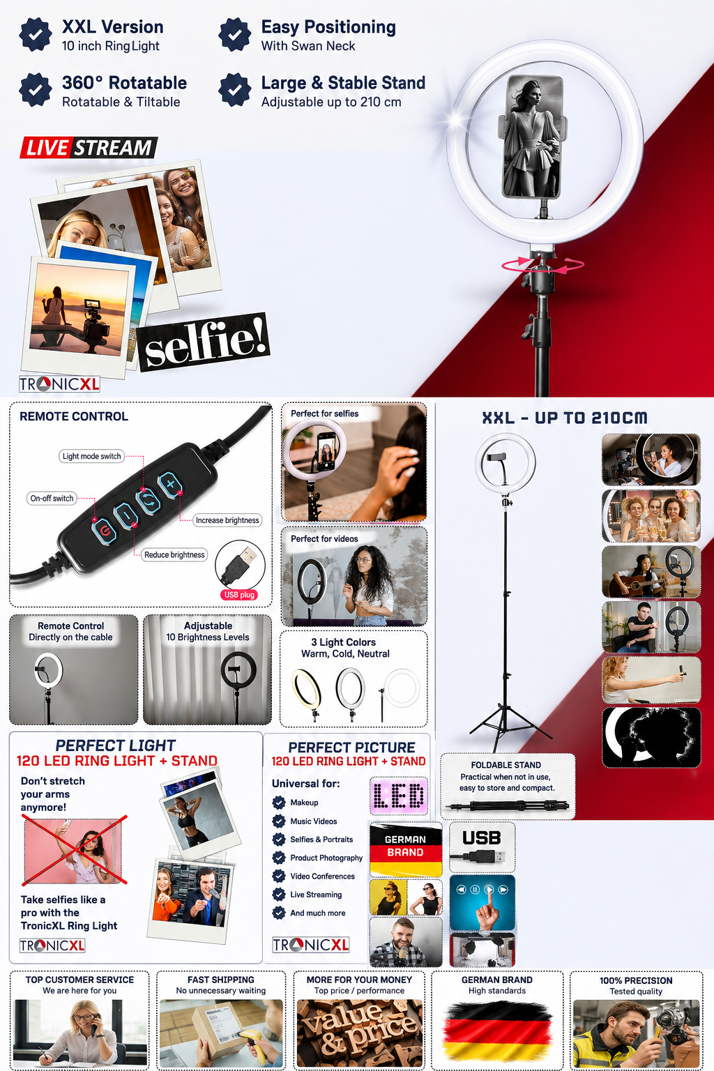 TronicXL XXL Ring Light with 210cm Tripod Stand & Smartphone Holder – 10" 20W LED Beauty Light for YouTube, TikTok & Live Streaming