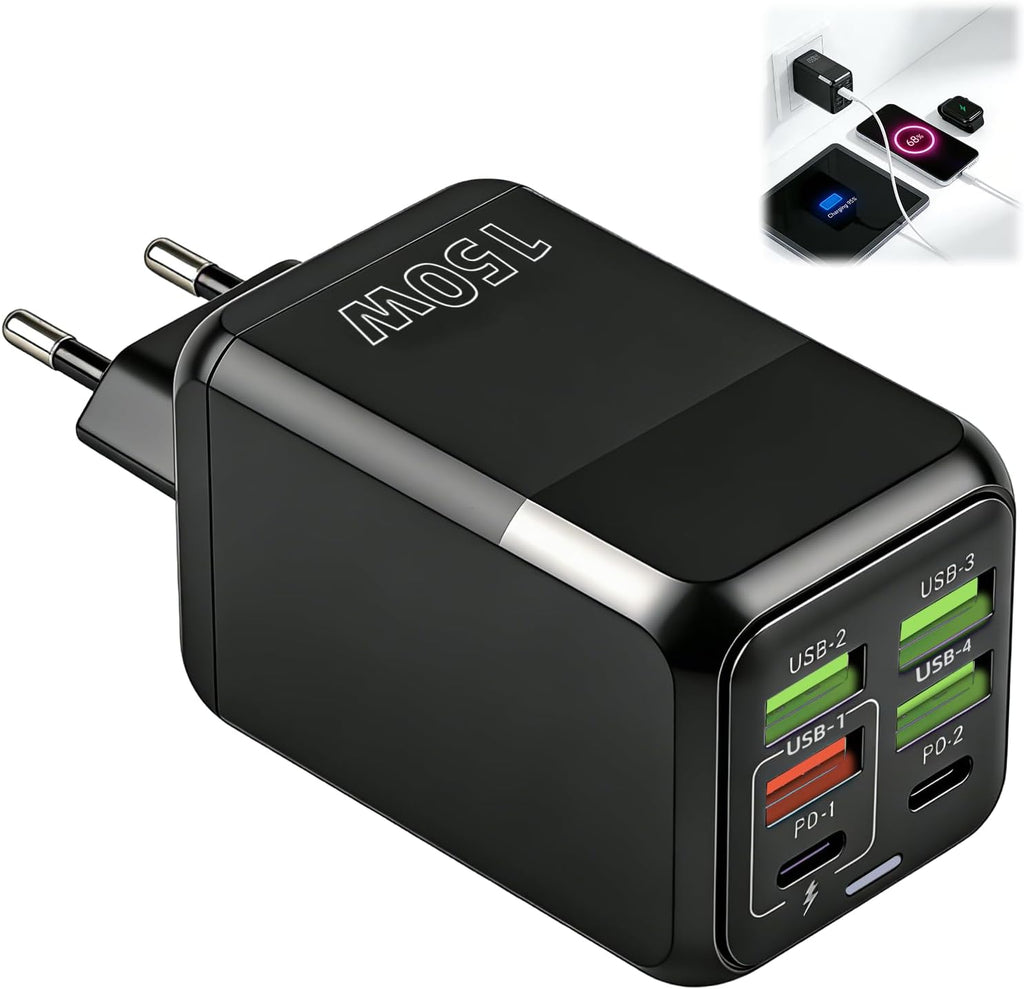 150W USB C Ladegerät Mehrfach 6 Port Schnellladegerät 2 USB-C 4 4 USB-A | USB Netzteil Multi Wandladegeräte Stecker Kompatibel Mit Iphone 17 16 Usw Samsung Oneplus Kompaktes Netzteil Reise Büro