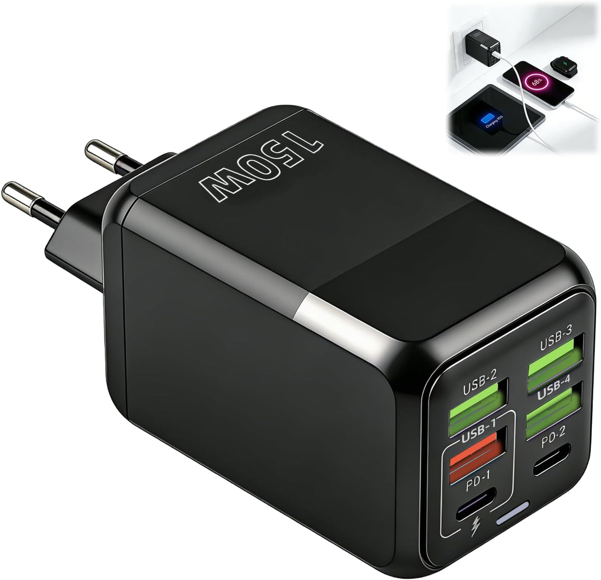 150W USB C Ladegerät Mehrfach 6 Port Schnellladegerät 2 USB-C 4 4 USB-A | USB Netzteil Multi Wandladegeräte Stecker Kompatibel Mit Iphone 17 16 Usw Samsung Oneplus Kompaktes Netzteil Reise Büro