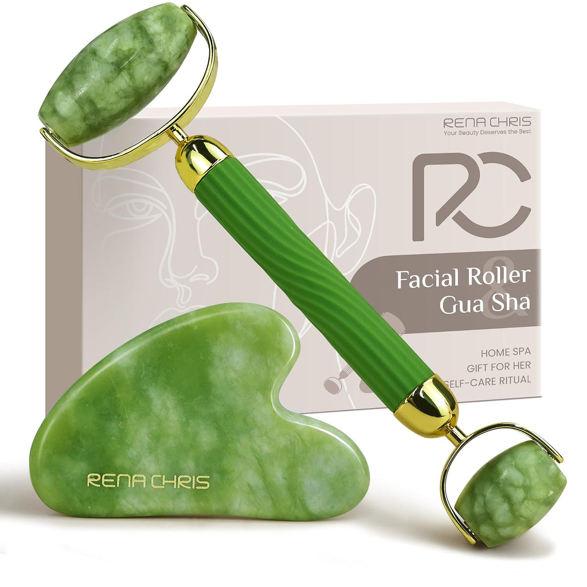 Rena Chris Jade Gua Sha Stein Und Gesichtsroller, Natürliche Jade Roller Und Gua Sha Set Zur Kieferkonturierung Und Schwellungsreduzierung – Hautpflegegeschenk