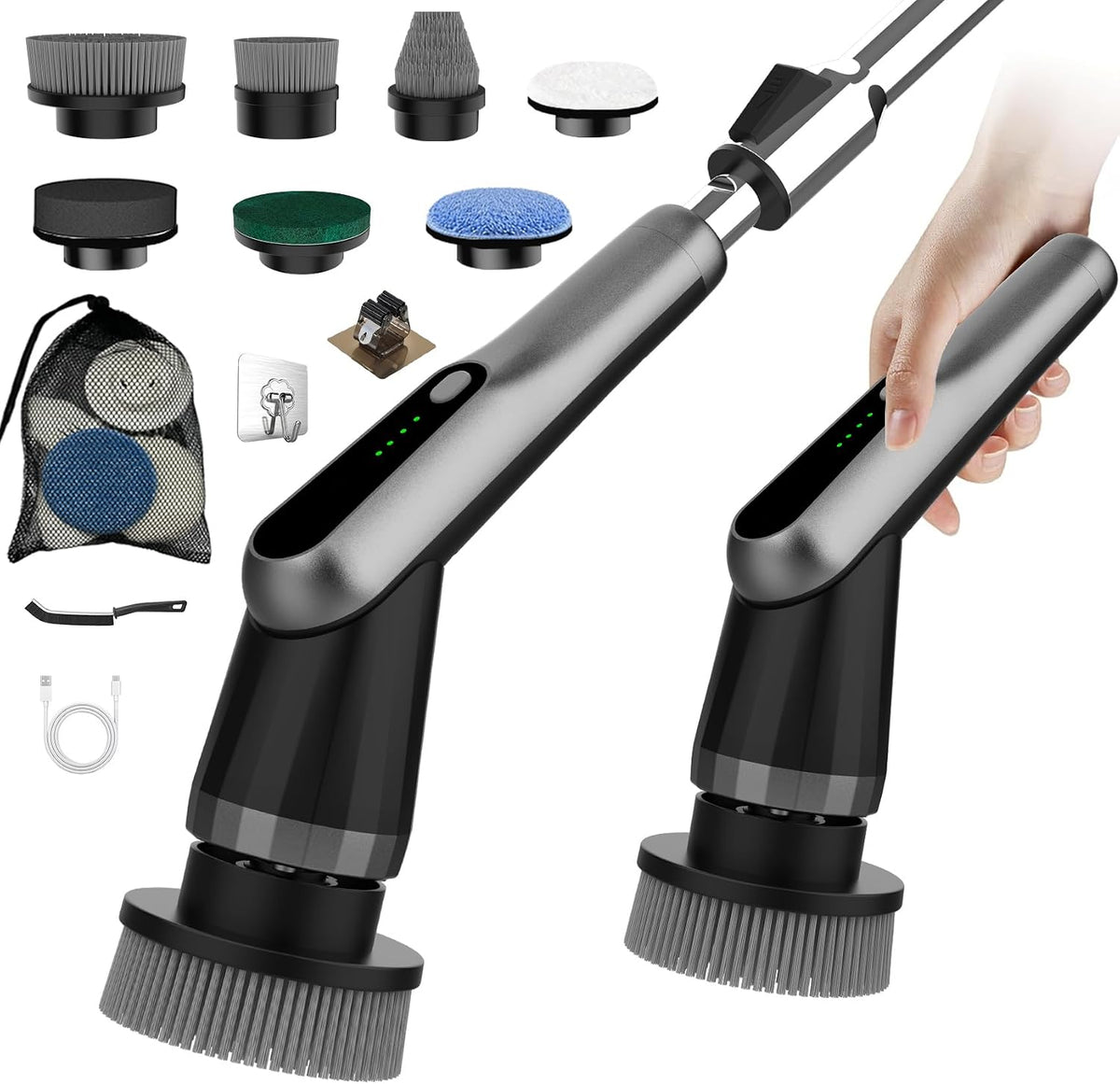 Elektrische Reinigungsbürste, Electric Cleaning Brush Mit 7 Wechselbürsten | IPX7 Wasserdicht, 2 Geschwindigkeitsstufen Und Verstellbarer Griff, Für Badezimmer, Küche (Grau/Schwarz)