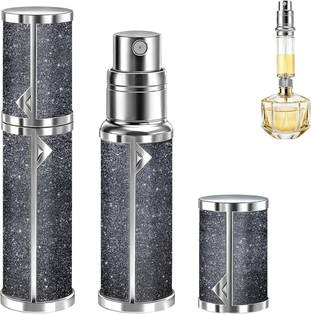 Parfümzerstäuber Für Unterwegs Nachfüllbar, Parfüm Abfüller 5Ml | Vakuum-Dichtung, Sprühflasche, Feiner Nebel, Aluminium, 2 Adapter, Tropfsicher & Praktisch Für Reise&Alltag, Schwarz